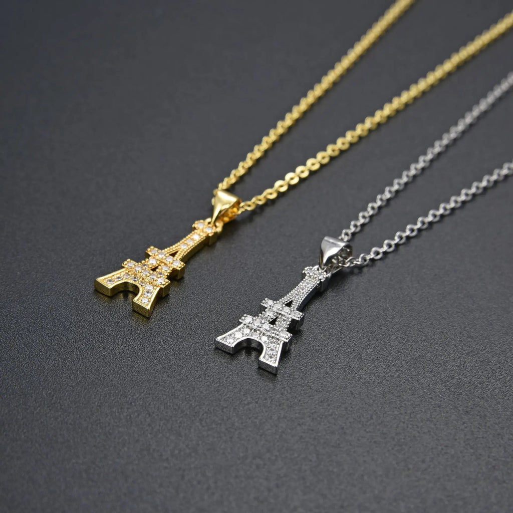 Eiffel Tower Pendant Necklace in gold and silver with crystal accents, an elegant Paris charm necklace for women in jewelry accessories.