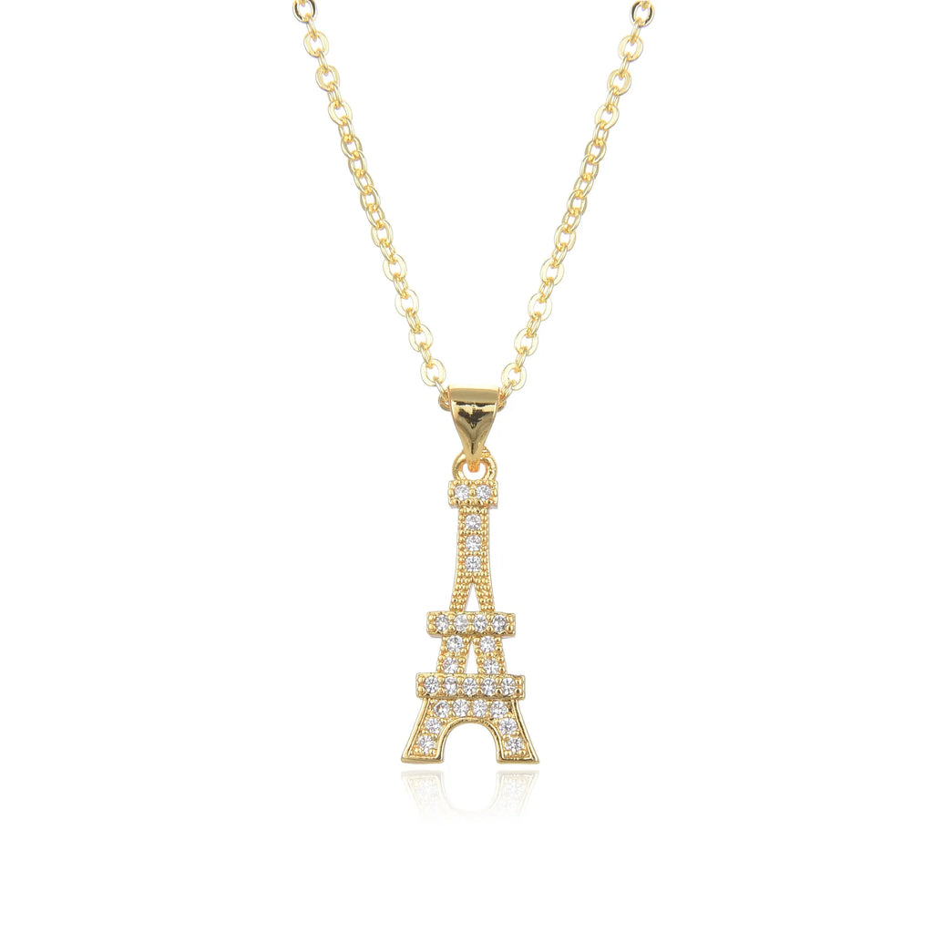 Eiffel Tower Pendant Necklace in gold and silver with crystal accents, an elegant Paris charm necklace for women in jewelry accessories.