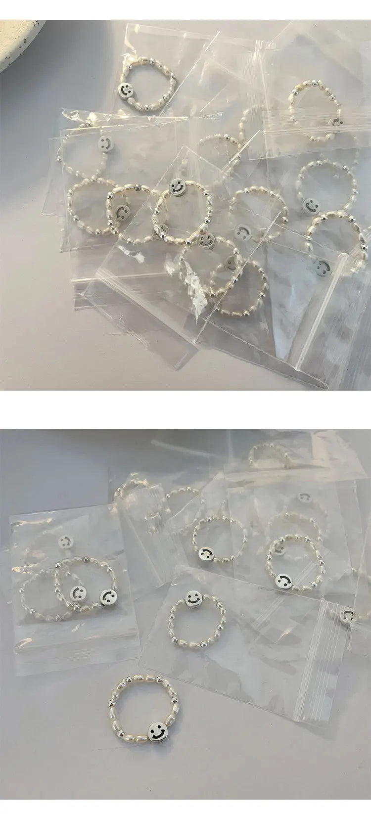 Adjustable Emerald Cut Pearl Stone Ring with silver-plated band and smiley face charm, ideal for casual wear and gifting in jewelry collections.