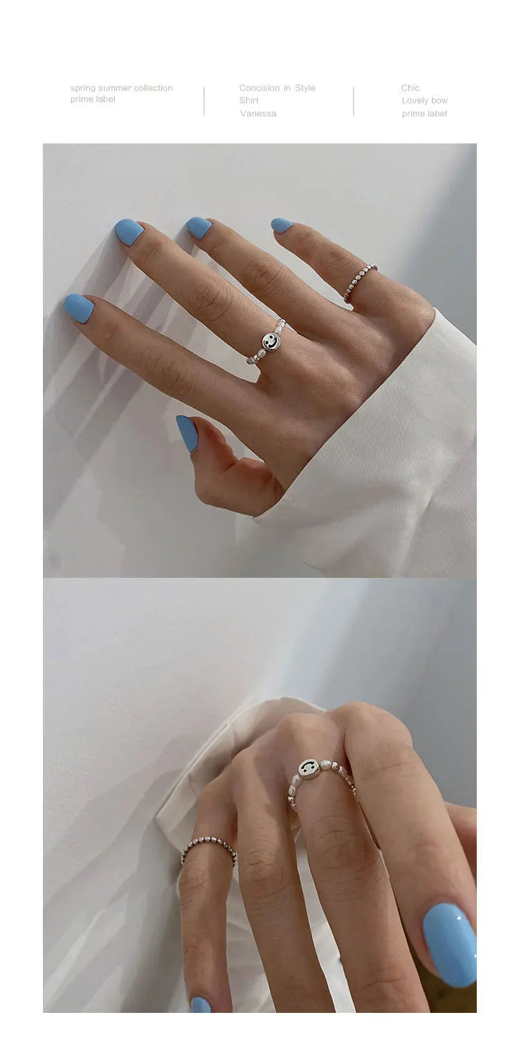 Adjustable Emerald Cut Pearl Stone Ring with silver-plated band and smiley face charm, ideal for casual wear and gifting in jewelry collections.