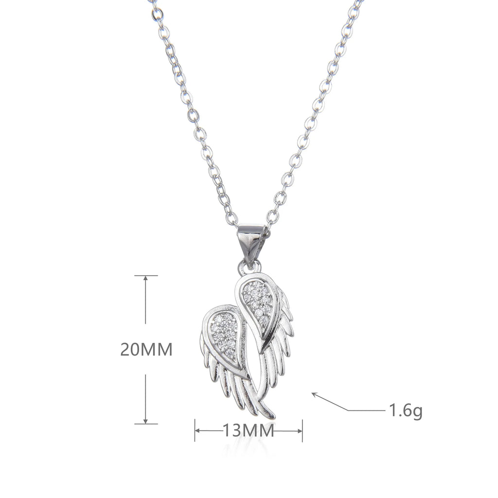 Winged Zircon Pendant Necklace in gold and silver featuring angel wing design with sparkling zircon stones, perfect for women’s elegant jewelry.