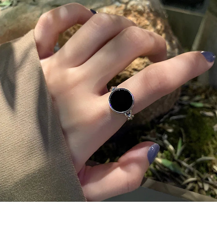 Timeless Classic Enamel Signet Ring with black enamel face and silver-plated band, elegant jewelry for everyday or formal wear.