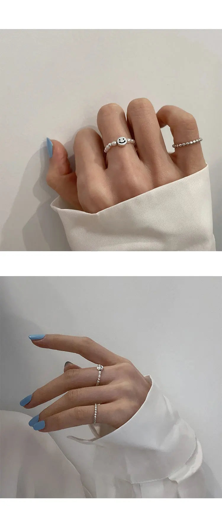 Adjustable Emerald Cut Pearl Stone Ring with silver-plated band and smiley face charm, ideal for casual wear and gifting in jewelry collections.