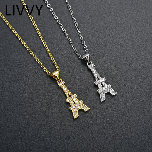 Eiffel Tower Pendant Necklace in gold and silver with crystal accents, an elegant Paris charm necklace for women in jewelry accessories.
