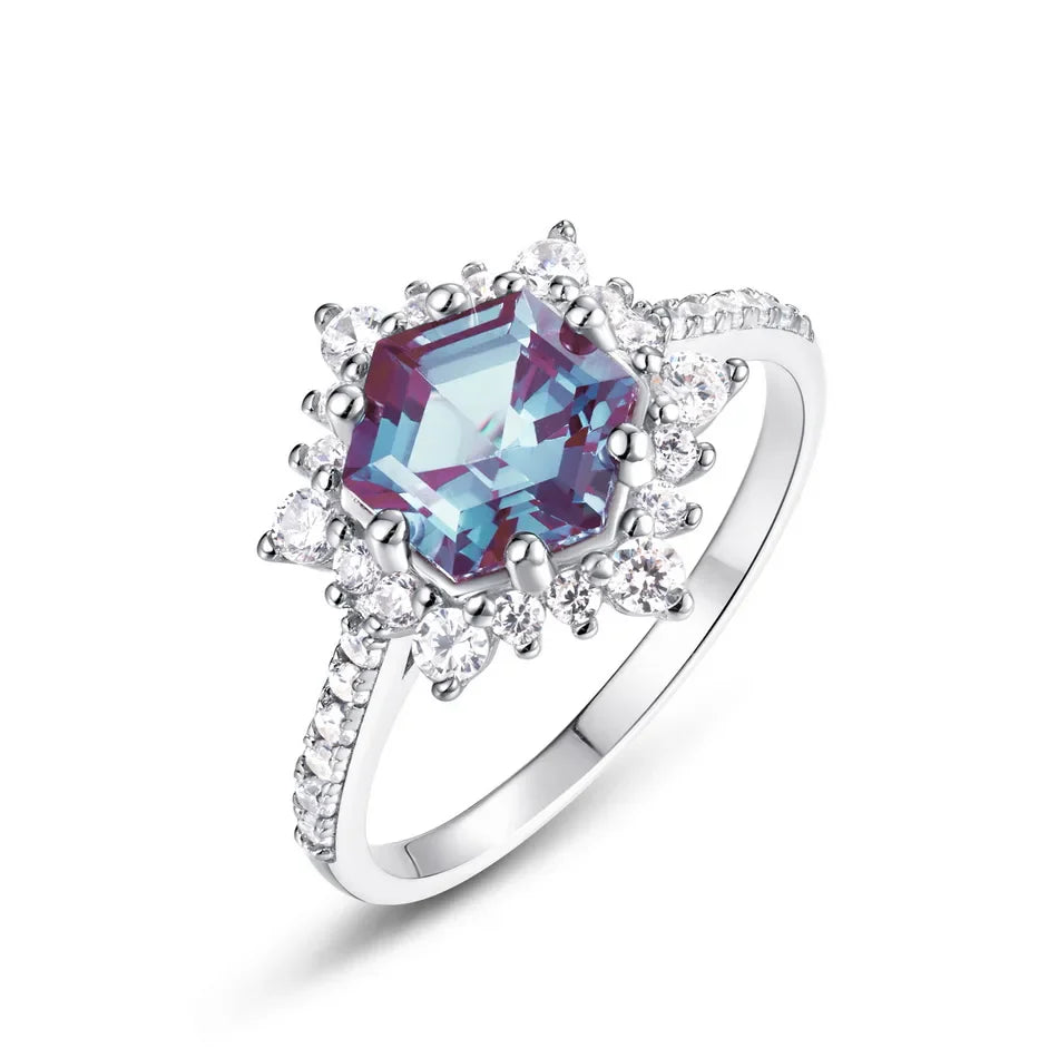 ALLNOEL Alexandrite Ring - Unique Engagement Band in sterling silver featuring color-changing Alexandrite stones in various elegant designs.