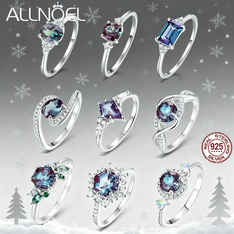 ALLNOEL Alexandrite Ring - Unique Engagement Band in sterling silver featuring color-changing Alexandrite stones in various elegant designs.