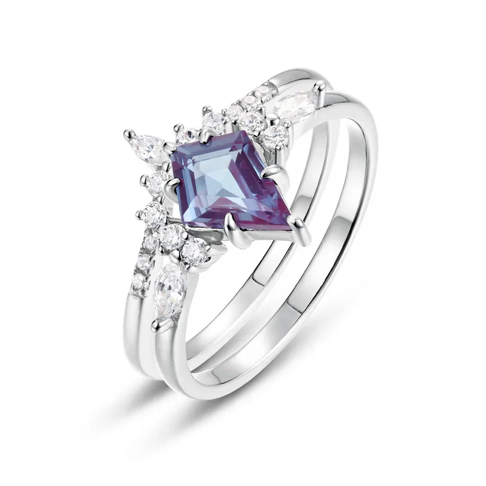 ALLNOEL Alexandrite Ring - Unique Engagement Band in sterling silver featuring color-changing Alexandrite stones in various elegant designs.