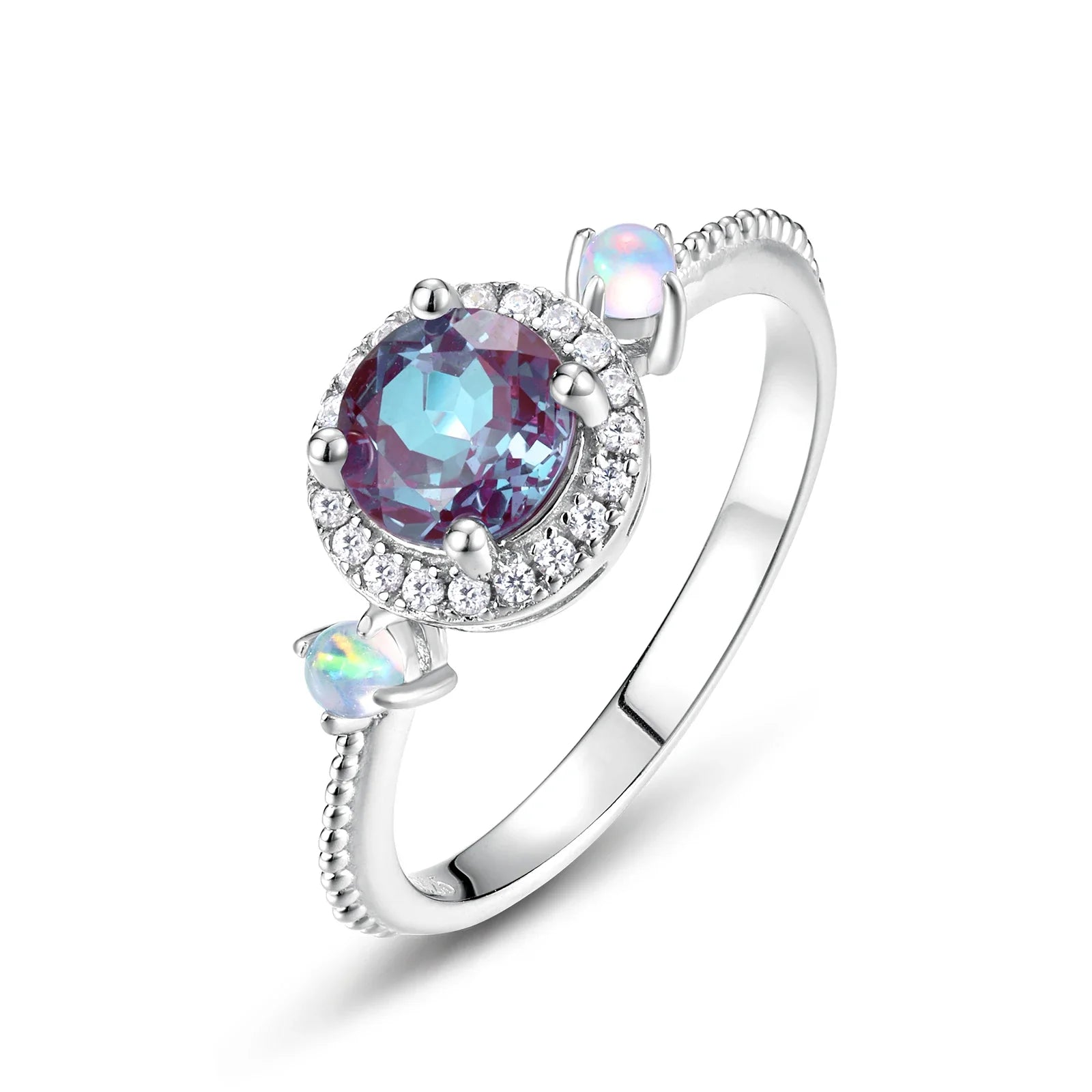 ALLNOEL Alexandrite Ring - Unique Engagement Band in sterling silver featuring color-changing Alexandrite stones in various elegant designs.