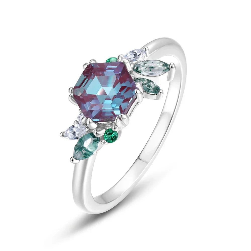 ALLNOEL Alexandrite Ring - Unique Engagement Band in sterling silver featuring color-changing Alexandrite stones in various elegant designs.