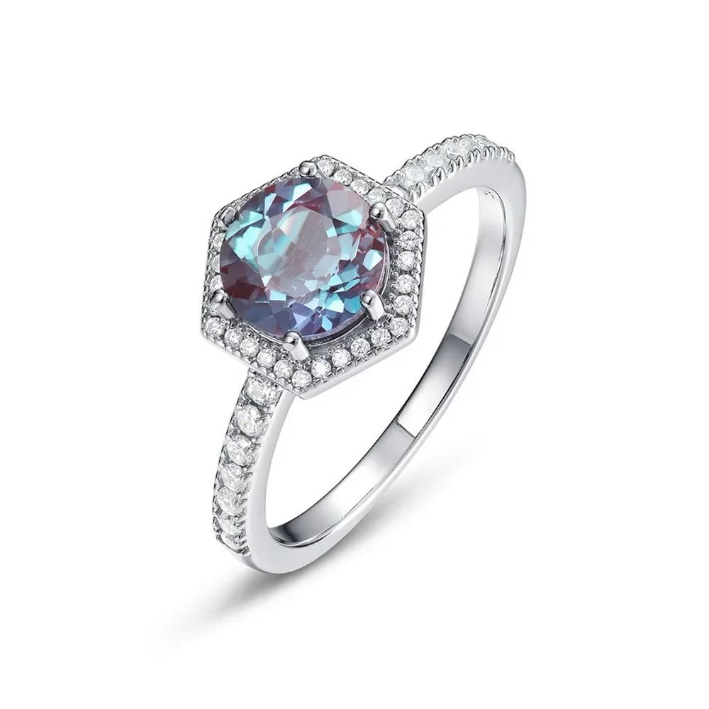 ALLNOEL Alexandrite Ring - Unique Engagement Band in sterling silver featuring color-changing Alexandrite stones in various elegant designs.
